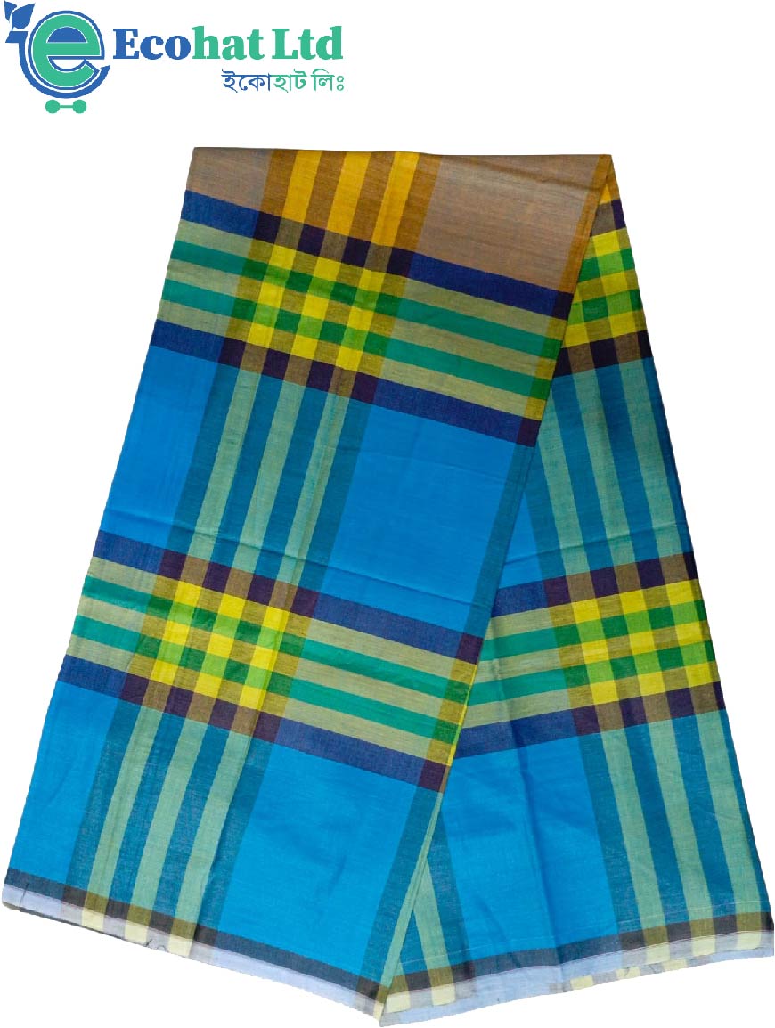 100% Cotton Sirajganj Tater Lungi 5.5 Hat-Color-Blue Green & Golden Stripe