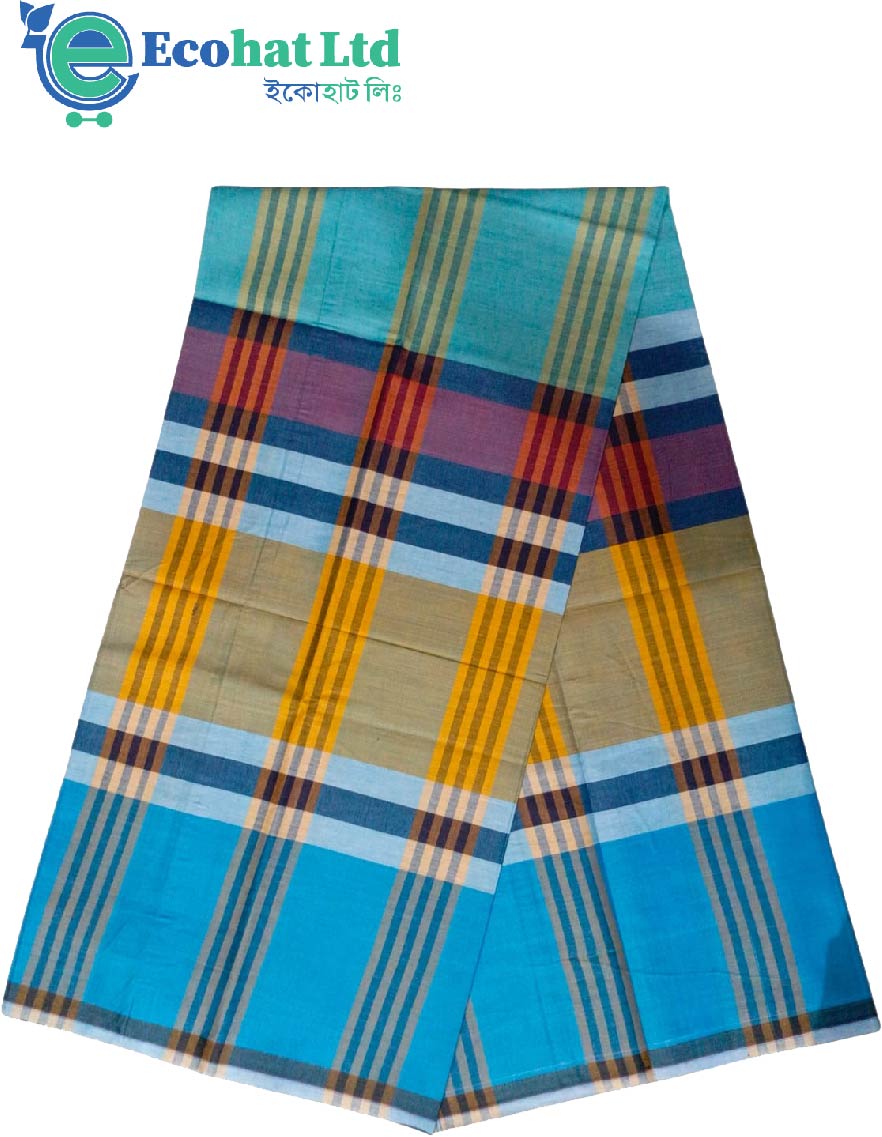 100% Cotton Sirajganj Tater Lungi 5.5 Hat-Color-Bright Blue & Lion Stripe