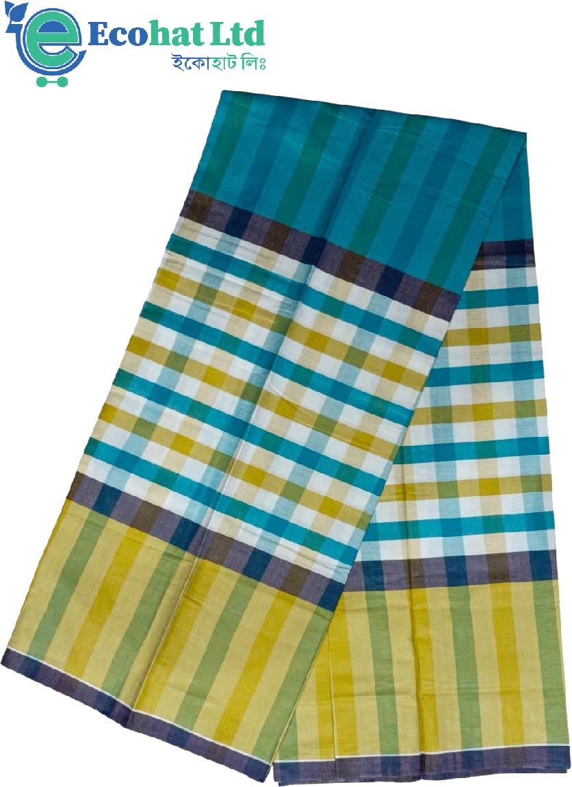 100% Cotton Sirajganj Tater Lungi 5.5 Hat-Color- Golden & Ball Blue