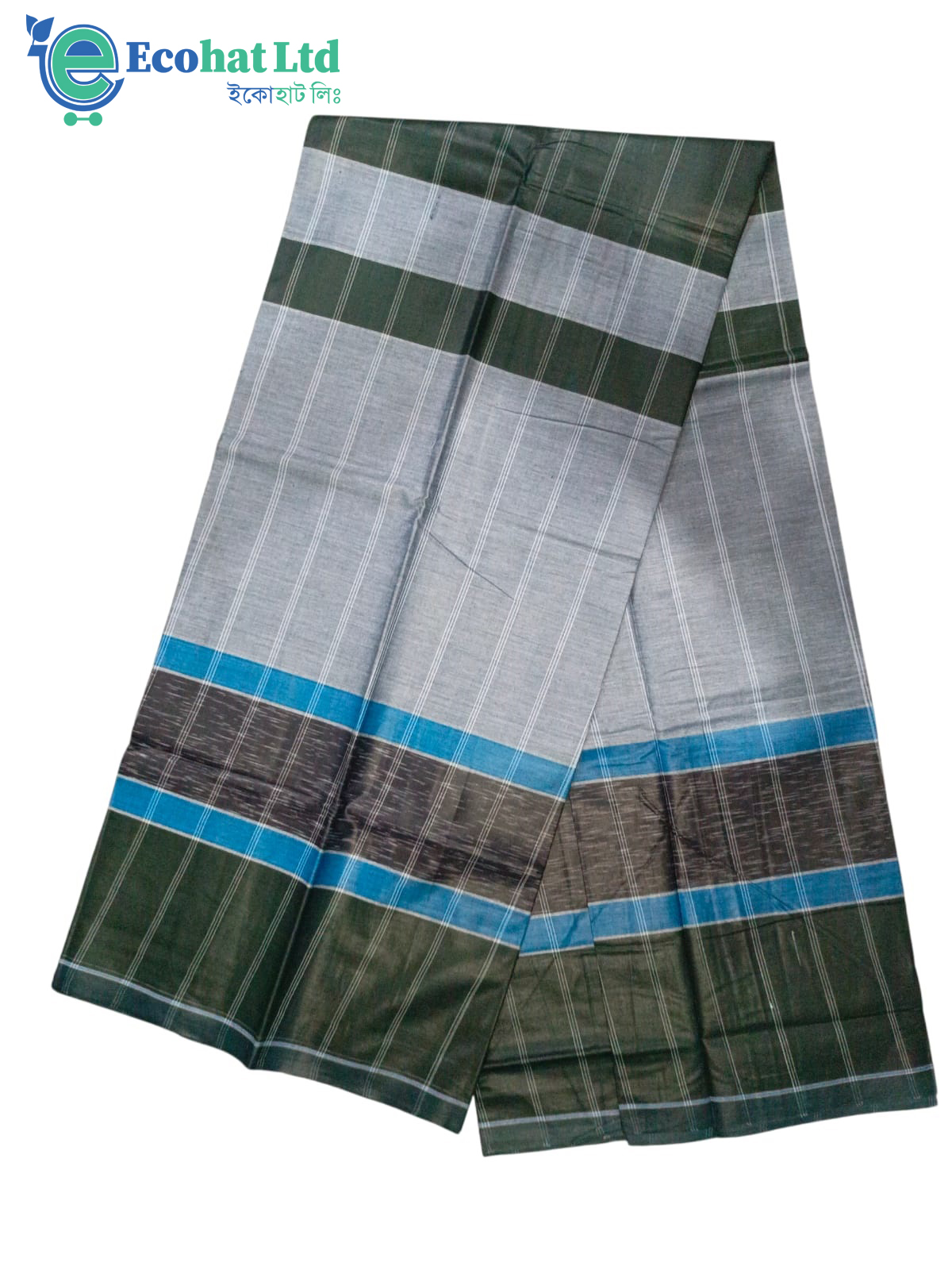 100% Cotton Sirajganj Tater Lungi 5.5 Hat-Color-Dark Green & Grey Stripe.