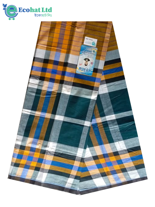 100% Cotton Sirajganj Tater Lungi 5.5 Hat-Color-Dark Green & Golden Stripe
