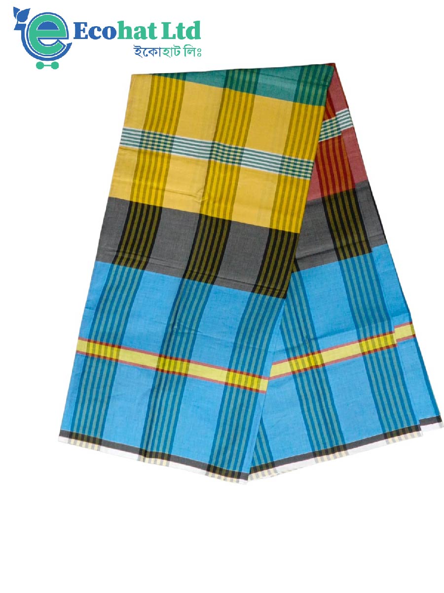 100% Cotton Sirajganj Tater Lungi 5.5 Hat-Color.-Bondi Blue & Golden Stripe